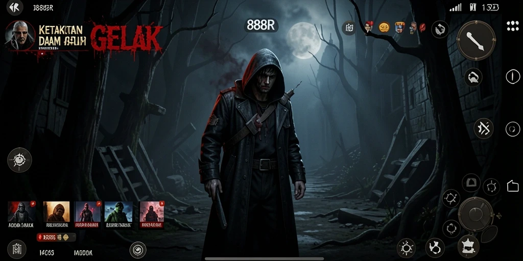 Screenshot permainan 888R menunjukkan suasana mencekam dan gameplay yang menegangkan.