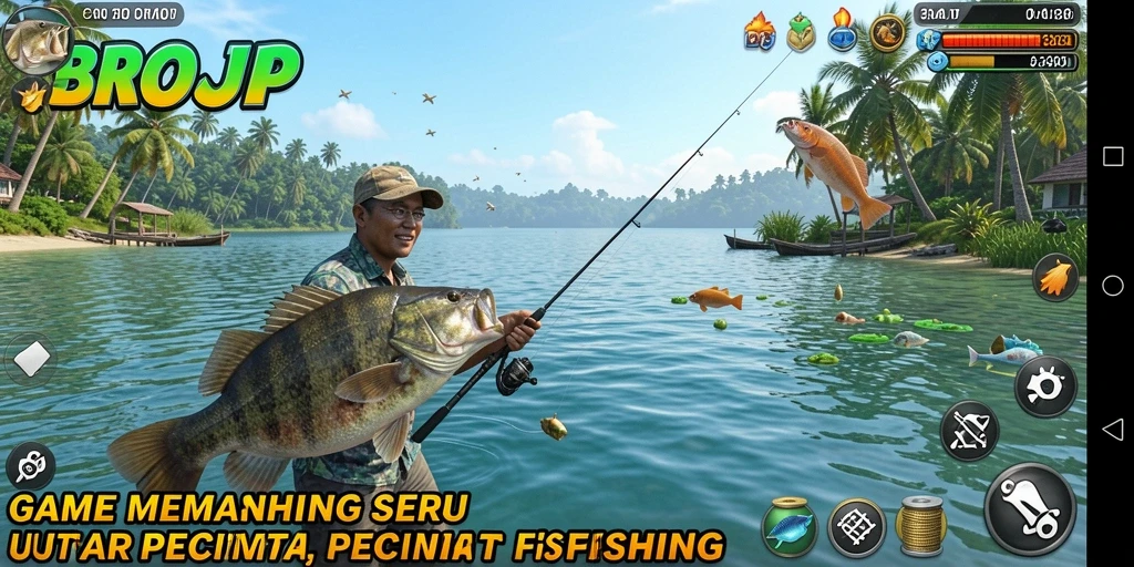 Tampilan gameplay menarik dari BROJP dengan berbagai lokasi memancing.