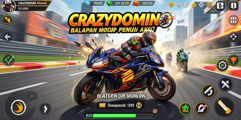 Tampilan gameplay <strong>CRAZYDOMINO</strong> saat balapan motor yang mendebarkan.