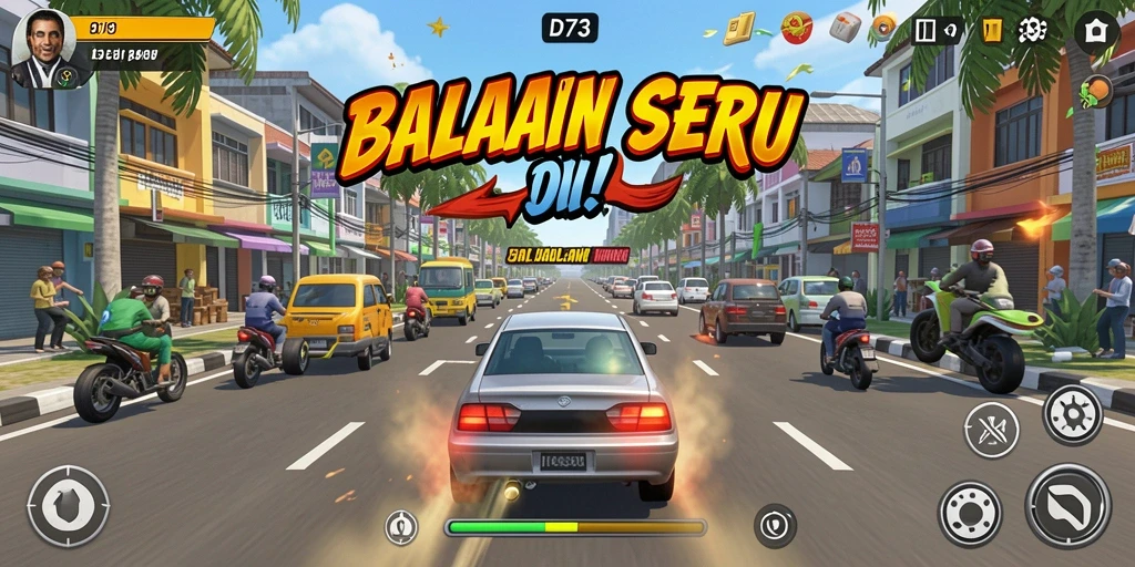 Screenshot D73 menampilkan adegan balapan yang mendebarkan.