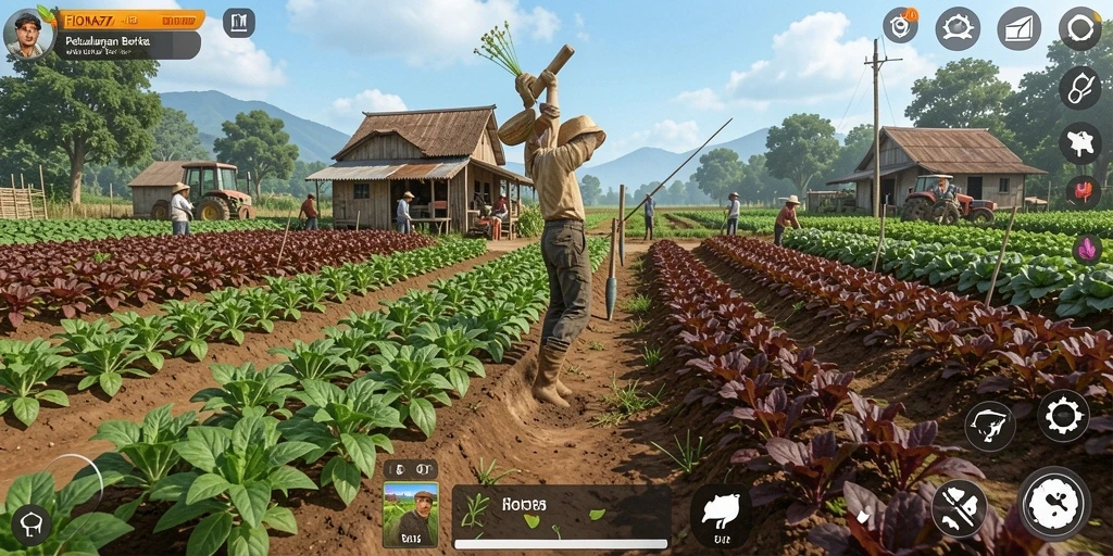 Tangkapan layar gameplay FIONA77 menunjukkan kebun yang subur dan berwarna-warni.