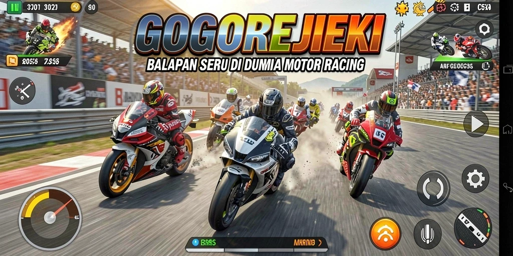 Tangkapan layar GOGOREJEKI menampilkan aksi balapan motor yang mendebarkan.
