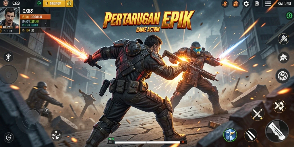 Screenshot menampilkan aksi seru dalam GX88 saat pertarungan berlangsung.