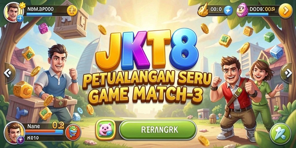 Screenshot utama JKT8 menampilkan gameplay Match-3 yang seru.