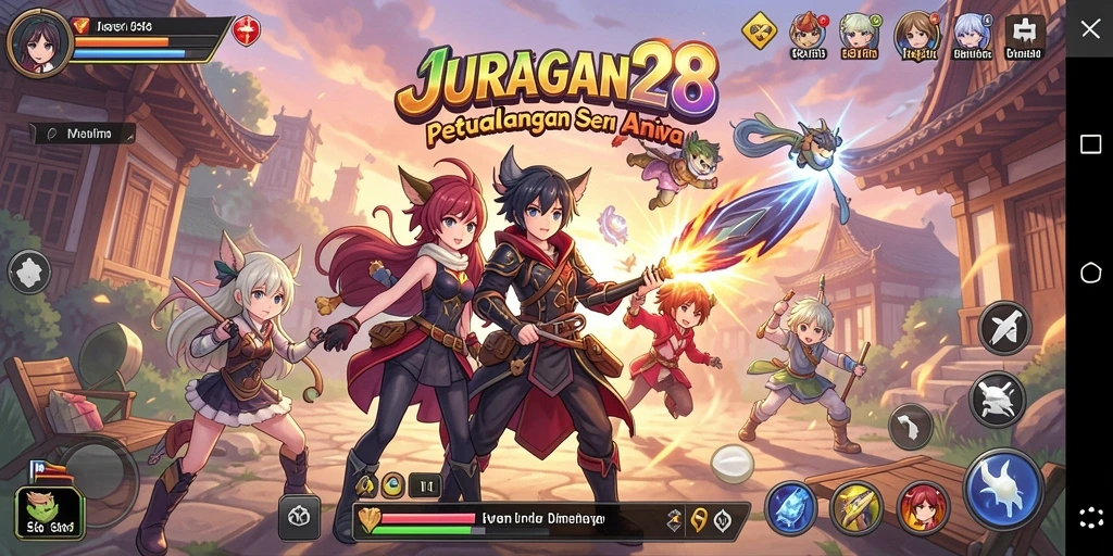 Tampilan screenshot utama JURAGAN28 menampilkan karakter anime dalam aksi.