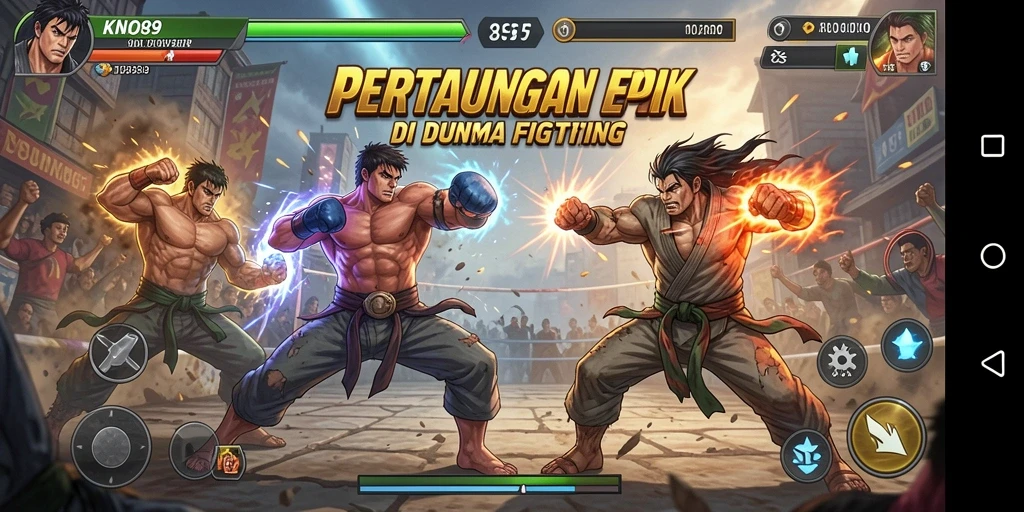 Screenshot KNO89 menampilkan pertarungan epik dengan karakter beragam.