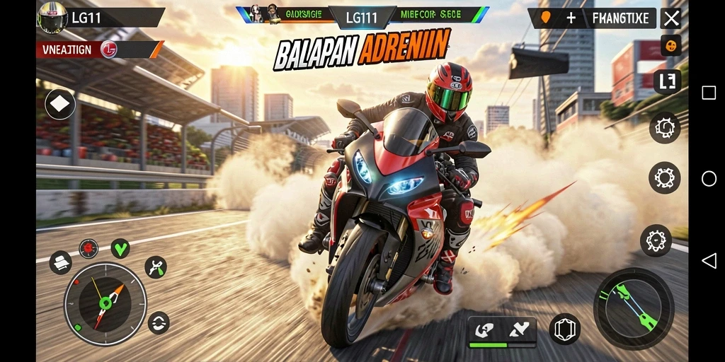 Screenshot gameplay LG111 menampilkan balapan motor yang memacu adrenalin.
