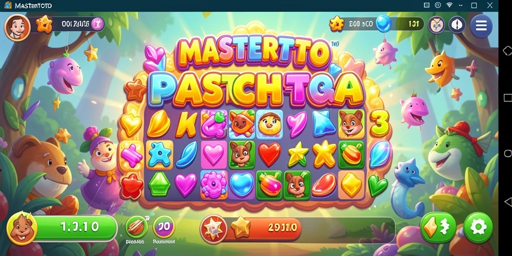 Screenshot permainan MASTERTOTO dengan elemen warna-warni yang menyenangkan.