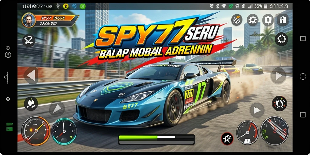 Tampilan gameplay SPY77 dengan mobil balap yang melaju kencang.